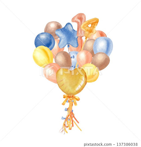 A bouquet of yellow, orange, brown, and blue balloons and the number fourteen, hand-painted in watercolor on an isolated background. Clipart for a 14th birthday party or Valentine's Day. A bouquet of yellow, orange, brown, and blue balloons and the number fourteen, hand-painted in watercolor on an isolated background. Clipart for a 14th birthday party or Valentine's Day. 137386038