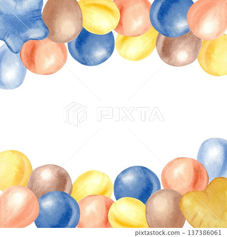 A hand-drawn watercolor illustration of a vibrant square frame of colorful balloons, a heart, and a star on an isolated background. Simple clip art with room for text for birthday party decorations A hand-drawn watercolor illustration of a vibrant square frame of colorful balloons, a heart, and a star on an isolated background. Simple clip art with room for text for birthday party decorations 137386061