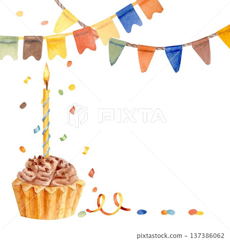 A vibrant square composition with garlands of multicolored flags, a cupcake with a burning candle, and confetti, hand-drawn in watercolor on an isolated background. Simple birthday card clip art. A vibrant square composition with garlands of multicolored flags, a cupcake with a burning candle, and confetti, hand-drawn in watercolor on an isolated background. Simple birthday card clip art. 137386062