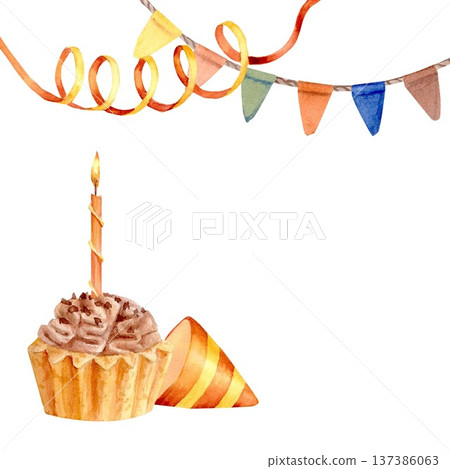 A vibrant square composition with garlands of colorful flags, streamers, a cupcake with a lit candle, a party hat, hand-drawn in watercolor on an isolated background. Simple birthday card clip art. A vibrant square composition with garlands of colorful flags, streamers, a cupcake with a lit candle, a party hat, hand-drawn in watercolor on an isolated background. Simple birthday card clip art. 137386063
