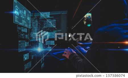 A hooded figure works intently on a luminous keyboard in a dark digital environment, surrounded by a complex holographic interface showcasing intricate data and network connections, embodying the A hooded figure works intently on a luminous keyboard in a dark digital environment, surrounded by a complex holographic interface showcasing intricate data and network connections, embodying the 137386074