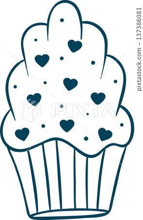 Shell-shaped madeleine cake decorated with icing and tiny hearts, drawn in simple Mediterranean blue lines. Sweet French pastry icon for Valentine's bakery menus Shell-shaped madeleine cake decorated with icing and tiny hearts, drawn in simple Mediterranean blue lines. Sweet French pastry icon for Valentine's bakery menus 137386081