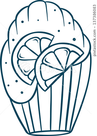 Shell-shaped madeleine with lemon slices and icing drizzle, drawn in Mediterranean blue lines. Fresh citrus French pastry icon for summer bakery menus 137386083