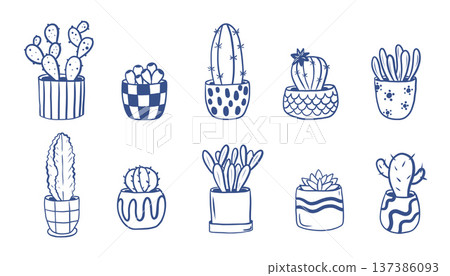 Hand drawn different cactus and succulent in patterned pots in a minimalist blue line style. Trendy set is perfect for home decor and packaging Hand drawn different cactus and succulent in patterned pots in a minimalist blue line style. Trendy set is perfect for home decor and packaging 137386093