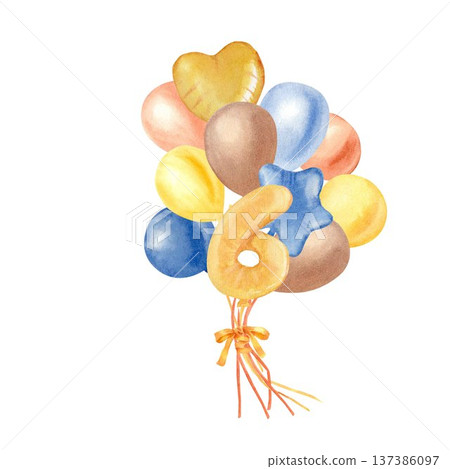 A bouquet of yellow, orange, brown, and blue balloons and the number seven, hand-painted in watercolor on an isolated background. Clip art for a baby shower for a seven-year-old or seven-month-old. A bouquet of yellow, orange, brown, and blue balloons and the number seven, hand-painted in watercolor on an isolated background. Clip art for a baby shower for a seven-year-old or seven-month-old. 137386097