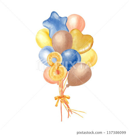 A bouquet of yellow, orange, brown, and blue balloons and the number eight, hand-painted in watercolor on an isolated background. Clip art for a baby shower for an eight-year-old or eight-month-old A bouquet of yellow, orange, brown, and blue balloons and the number eight, hand-painted in watercolor on an isolated background. Clip art for a baby shower for an eight-year-old or eight-month-old 137386099