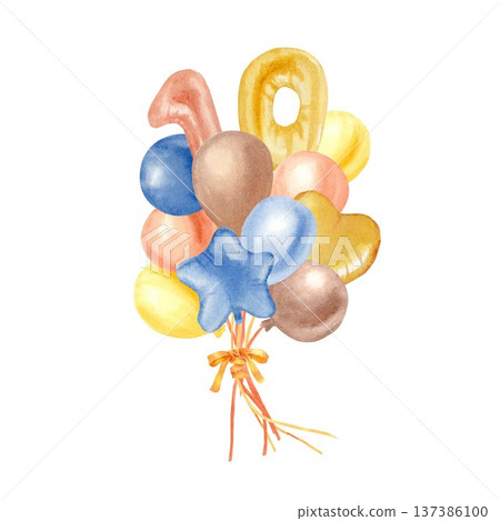 A bouquet of yellow, orange, brown, and blue balloons and the number ten, hand-painted in watercolor on an isolated background. Clip art for a ten-year or ten-month baby shower. A bouquet of yellow, orange, brown, and blue balloons and the number ten, hand-painted in watercolor on an isolated background. Clip art for a ten-year or ten-month baby shower. 137386100