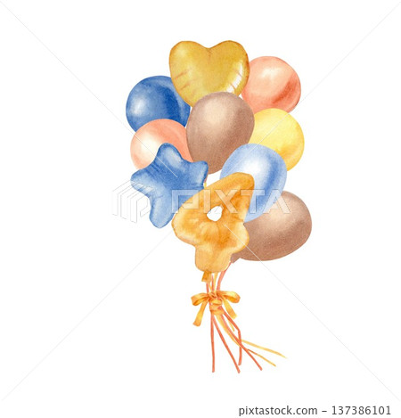 A bouquet of yellow, orange, brown, and blue balloons and the number four, hand-painted in watercolor on an isolated background. Clip art for a four-year-old or four-month-old baby party decoration A bouquet of yellow, orange, brown, and blue balloons and the number four, hand-painted in watercolor on an isolated background. Clip art for a four-year-old or four-month-old baby party decoration 137386101