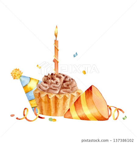 A hand-painted watercolor composition of a cupcake with a lit candle and triangular striped party hats on an isolated background. Simple clip art for cards, invitations, and birthday greetings. 137386102