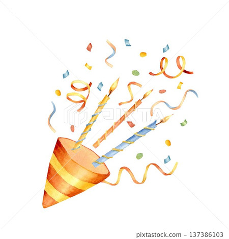 A vibrant composition of a triangular striped party hat with burning candles, streamer, and confetti, hand-painted in watercolor on an isolated background. Simple birthday card clip art. 137386103