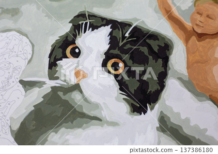 Cat face in paint by numbers painting in progress. Unfinished drawing of cat using paints. Cute animal on canvas. Love for cats as beloved pets. Black and white furry cat for coloring Cat face in paint by numbers painting in progress. Unfinished drawing of cat using paints. Cute animal on canvas. Love for cats as beloved pets. Black and white furry cat for coloring 137386180