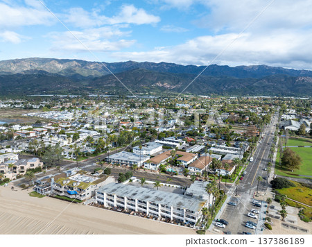 Aerial view of Carpinteria, small seaside city in southeastern Santa Barbara County, Californi 137386189
