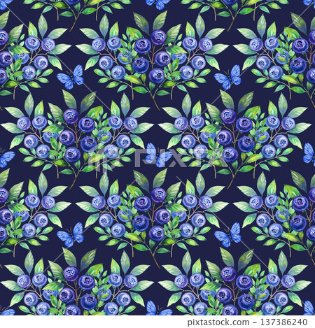 Watercolor seamless pattern with lush blueberry branches and small blue butterflies. Soft artistic style featuring ripe berries, delicate green leaves, and charming insects, perfect for textile design Watercolor seamless pattern with lush blueberry branches and small blue butterflies. Soft artistic style featuring ripe berries, delicate green leaves, and charming insects, perfect for textile design 137386240