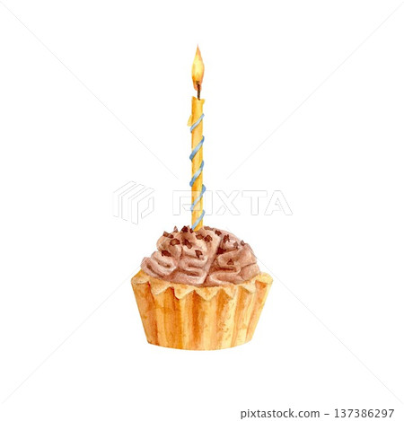A hand-painted watercolor cupcake with brown buttercream and a burning yellow birthday candle on an isolated background. Simple clip art of birthday treats and party decorations A hand-painted watercolor cupcake with brown buttercream and a burning yellow birthday candle on an isolated background. Simple clip art of birthday treats and party decorations 137386297