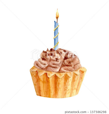 A hand-painted watercolor cupcake with brown buttercream and a lit blue birthday candle on an isolated background. Simple clip art of birthday treats and party decorations 137386298