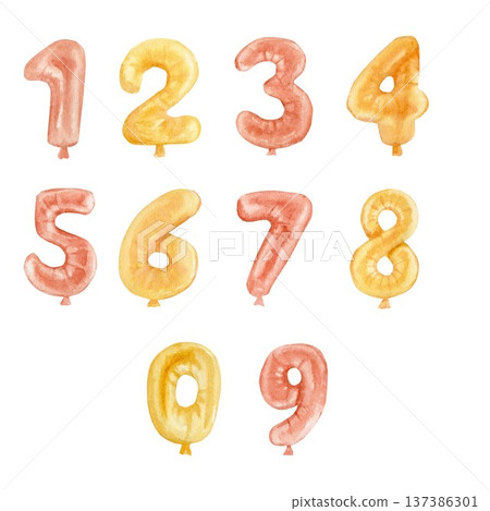 A collection of yellow tawny, auburn and inflatable number balloons, hand-drawn with watercolors on an isolated background. Simple clip art elements for decorating celebrations and anniversary gifts. A collection of yellow tawny, auburn and inflatable number balloons, hand-drawn with watercolors on an isolated background. Simple clip art elements for decorating celebrations and anniversary gifts. 137386301