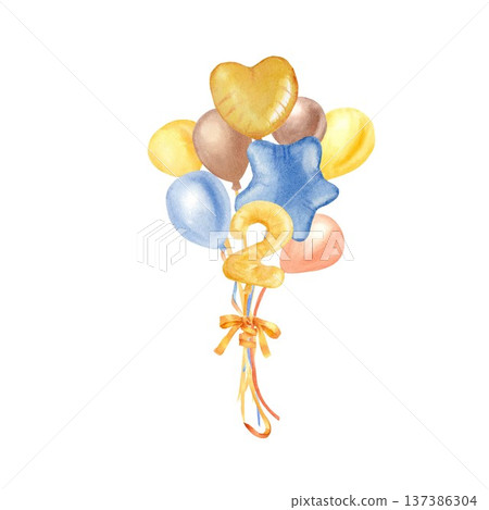 A bouquet of yellow, orange, brown, and blue balloons and the number two, hand-painted in watercolor on an isolated background. Illustration for a two-year or two-month baby shower decoration. 137386304