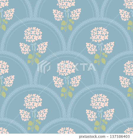 Floral scallop trellis seamless pattern. Vector arched flowers, grand millennial repeat background, vintage print 137386403