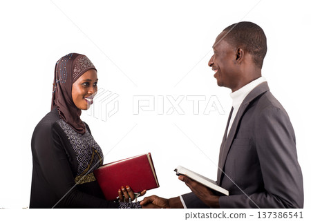 portraits of religious people greeting each other with a smile. 137386541