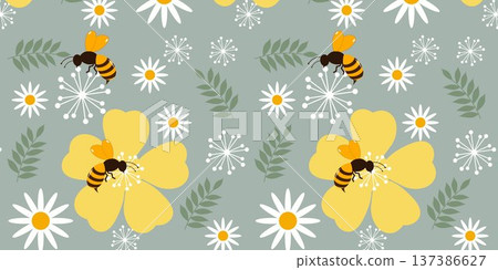 Cute Bee and daisy Pattern Background 137386627