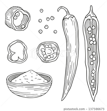 Hand-drawn fresh chili pepper, chili powder, seeds and sliced chili pepper graphic detailed sketch Hand-drawn fresh chili pepper, chili powder, seeds and sliced chili pepper graphic detailed sketch 137386673