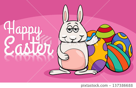 cartoon waving Easter Bunny with colored eggs greeting card cartoon waving Easter Bunny with colored eggs greeting card 137386688