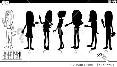 shadow game puzzle with funny cartoon girl character coloring page 137386694