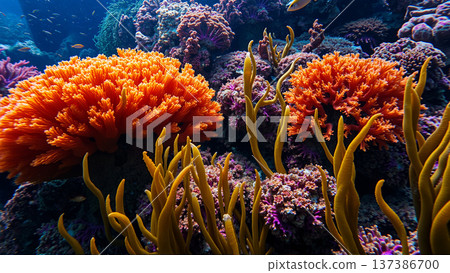 Underwater world, algae, corals, rocks at the bottom of the sea 137386700