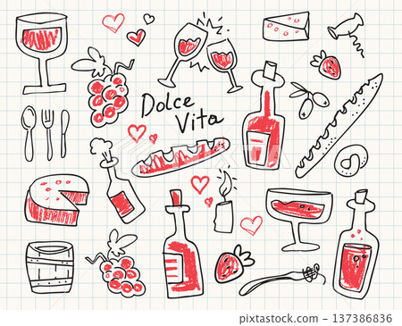 Hand-drawn doodle collection of Italian food and wine elements 137386836