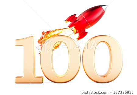 Robert Goddard rocket centennial with retro rocket and number 100. 3D rendering 137386935