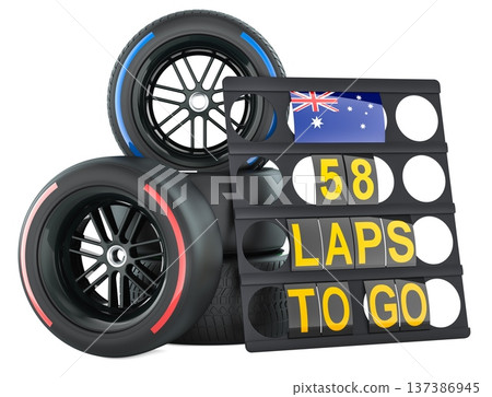 Australian racing, pit board with Australia flag and 58 laps to go. 3D rendering 137386945