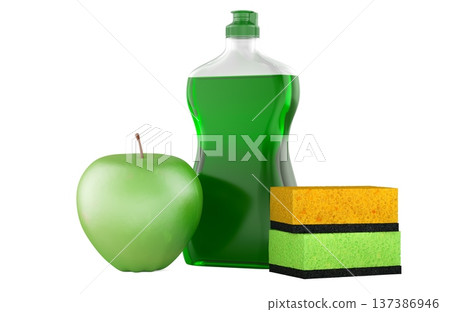 Dishwashing liquid bottle with apple and sponges. 3D rendering Dishwashing liquid bottle with apple and sponges. 3D rendering 137386946