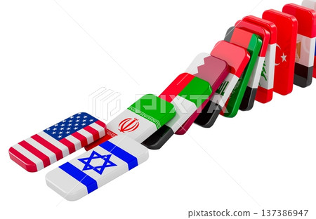 Domino effect of Middle East escalation with country flags. 3D rendering 137386947