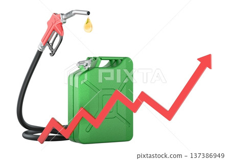 Fuel price increase concept with jerrycan and nozzle, 3d rendering Fuel price increase concept with jerrycan and nozzle, 3d rendering 137386949
