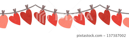 Horizontal seamless border. Garland of red hearts for Valentine's Day. Watercolor, pastel. Red, scarlet. In a flat style. For printing, print, product Horizontal seamless border. Garland of red hearts for Valentine's Day. Watercolor, pastel. Red, scarlet. In a flat style. For printing, print, product 137387002