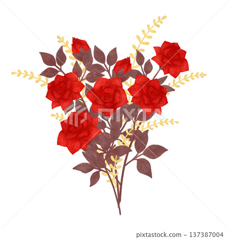 Red, scarlet roses. A festive composition in warm colors, in a simple flat style. Watercolor, pastel. A design element for printing, prints Red, scarlet roses. A festive composition in warm colors, in a simple flat style. Watercolor, pastel. A design element for printing, prints 137387004