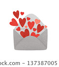Red, scarlet hearts in an envelope. Valentines card. A festive composition in warm colors, in a simple flat style. Watercolor, pastel. For design 137387005