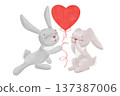 Cute bunnies, rabbits with a heart. A composition with characters in pastel colors. Watercolor, pastel. A cartoon illustration in a simple, flat style 137387006