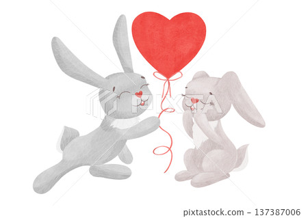 Cute bunnies, rabbits with a heart. A composition with characters in pastel colors. Watercolor, pastel. A cartoon illustration in a simple, flat style Cute bunnies, rabbits with a heart. A composition with characters in pastel colors. Watercolor, pastel. A cartoon illustration in a simple, flat style 137387006