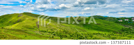 The nature of the Khasansky district of Primorsky Krai, Russia. The lip of the Teal of the Slavic Bay, the inner bay of Peter the Great in the summer. Panorama. The nature of the Khasansky district of Primorsky Krai, Russia. The lip of the Teal of the Slavic Bay, the inner bay of Peter the Great in the summer. Panorama. 137387111