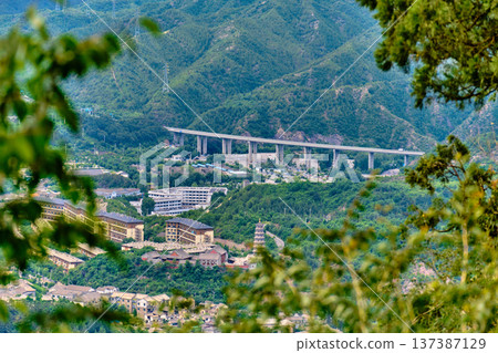 View of the water city of Gubei from the height of the Great Wall of China 137387129