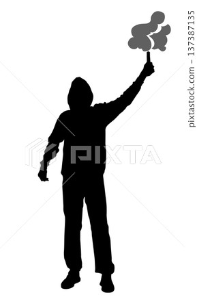 Person silhouette holding up signaling smoke bomb 137387135