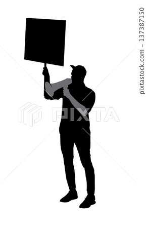 Person protesting holding blank sign and megaphone 137387150