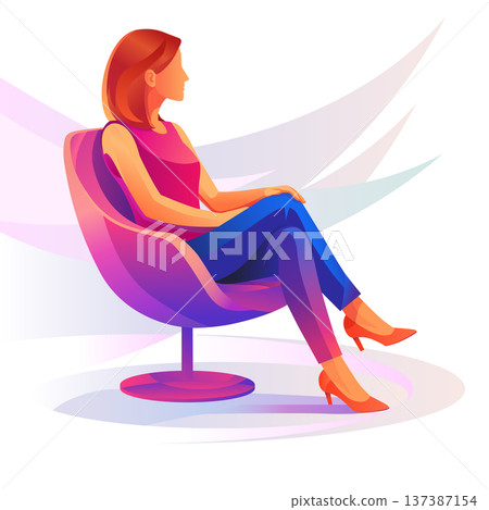 Woman sitting in modern chair relaxing or waiting Woman sitting in modern chair relaxing or waiting 137387154