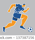 Soccer player running while dribbling football ball 137387156