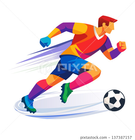 Soccer player running with ball showing speed and energy Soccer player running with ball showing speed and energy 137387157