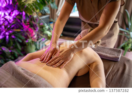 Woman receiving body massage from lady masseuse, professional masseur massaging lower back muscles. 137387282
