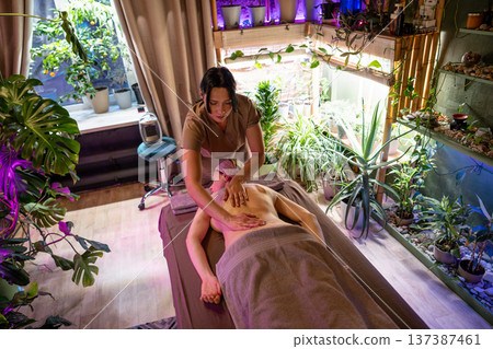 Masseuse massaging female client body in spa clinic, relaxed woman enjoying beauty care procedure. Masseuse massaging female client body in spa clinic, relaxed woman enjoying beauty care procedure. 137387461