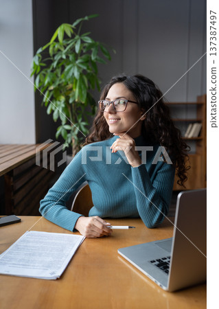 Confident lecturer or mentor business woman look in window after online class, lecture or training 137387497