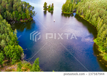 Aerial view yacht on lake in Tuchola Forests, Poland. 137387944